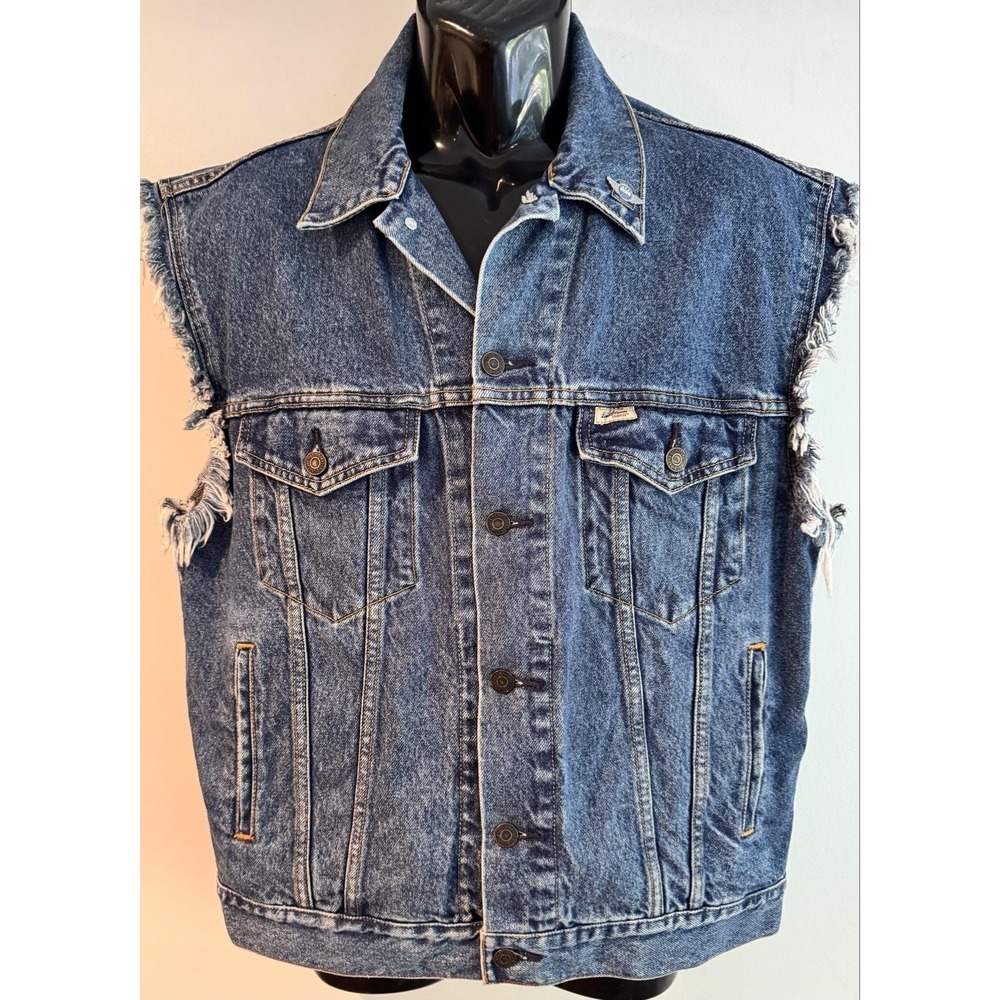 Levi Signature Vest Mens M Blue Denim Biker Cutoff Batwing Skull Back Patch - Picture 2 of 16